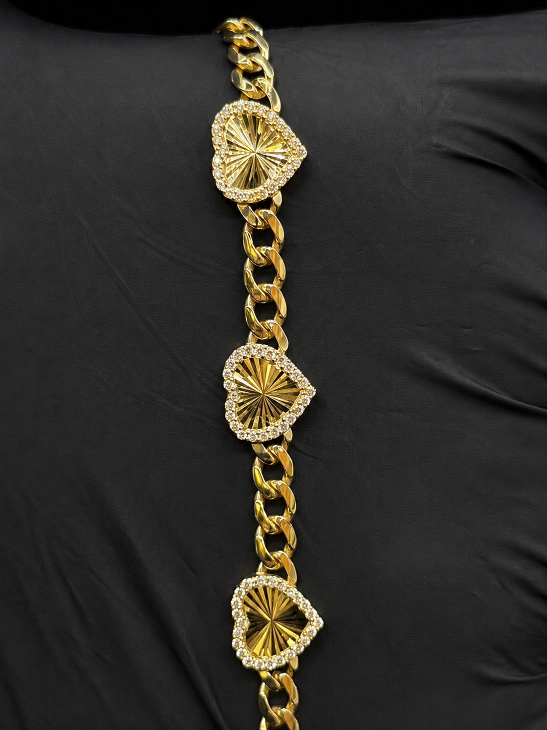 10k Gold Women's Hollow Cuban Bracelet with CZ Hearts