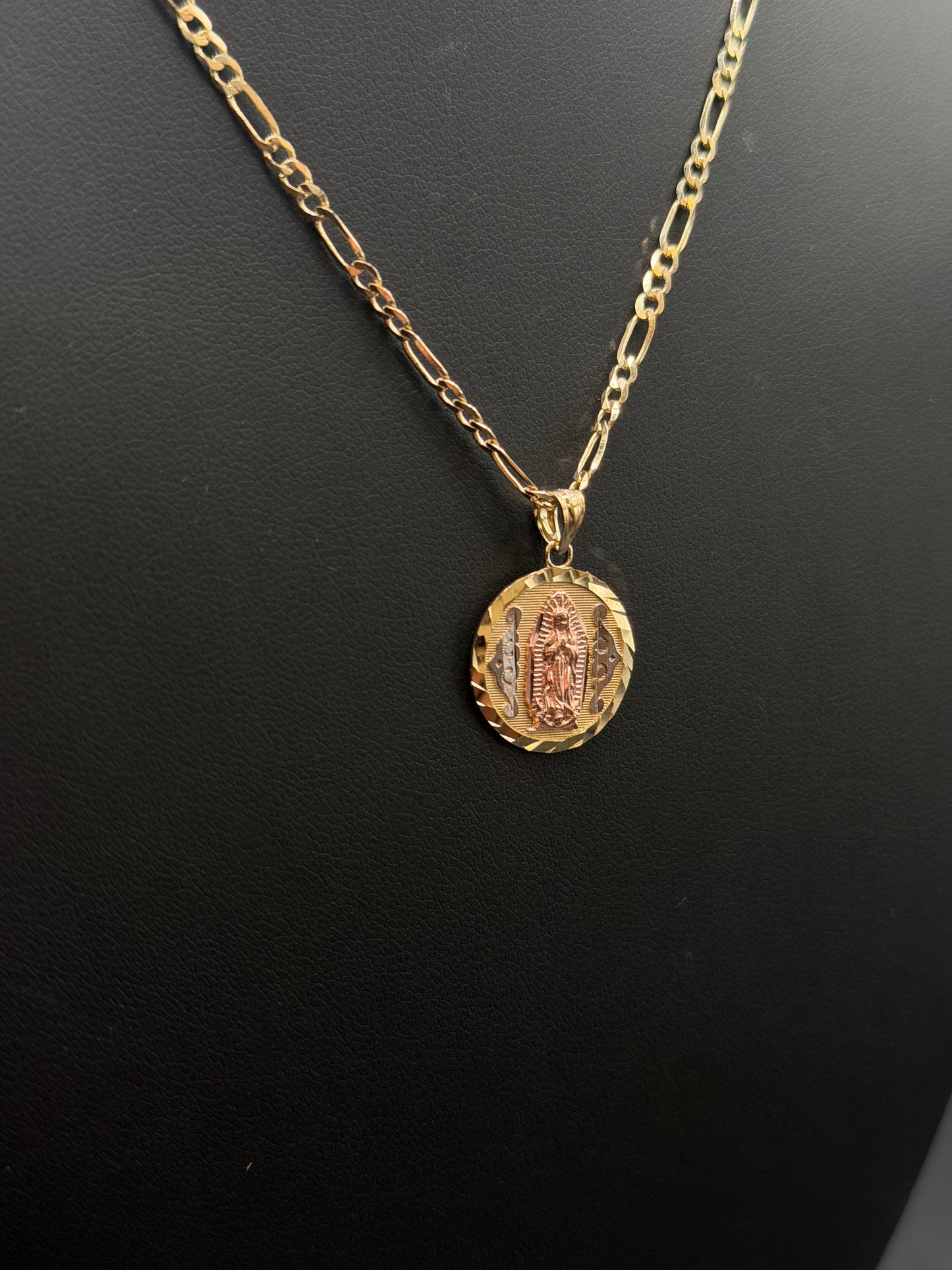 10k Gold Virgin Mary Pendant with 16" Figaro Necklace Set