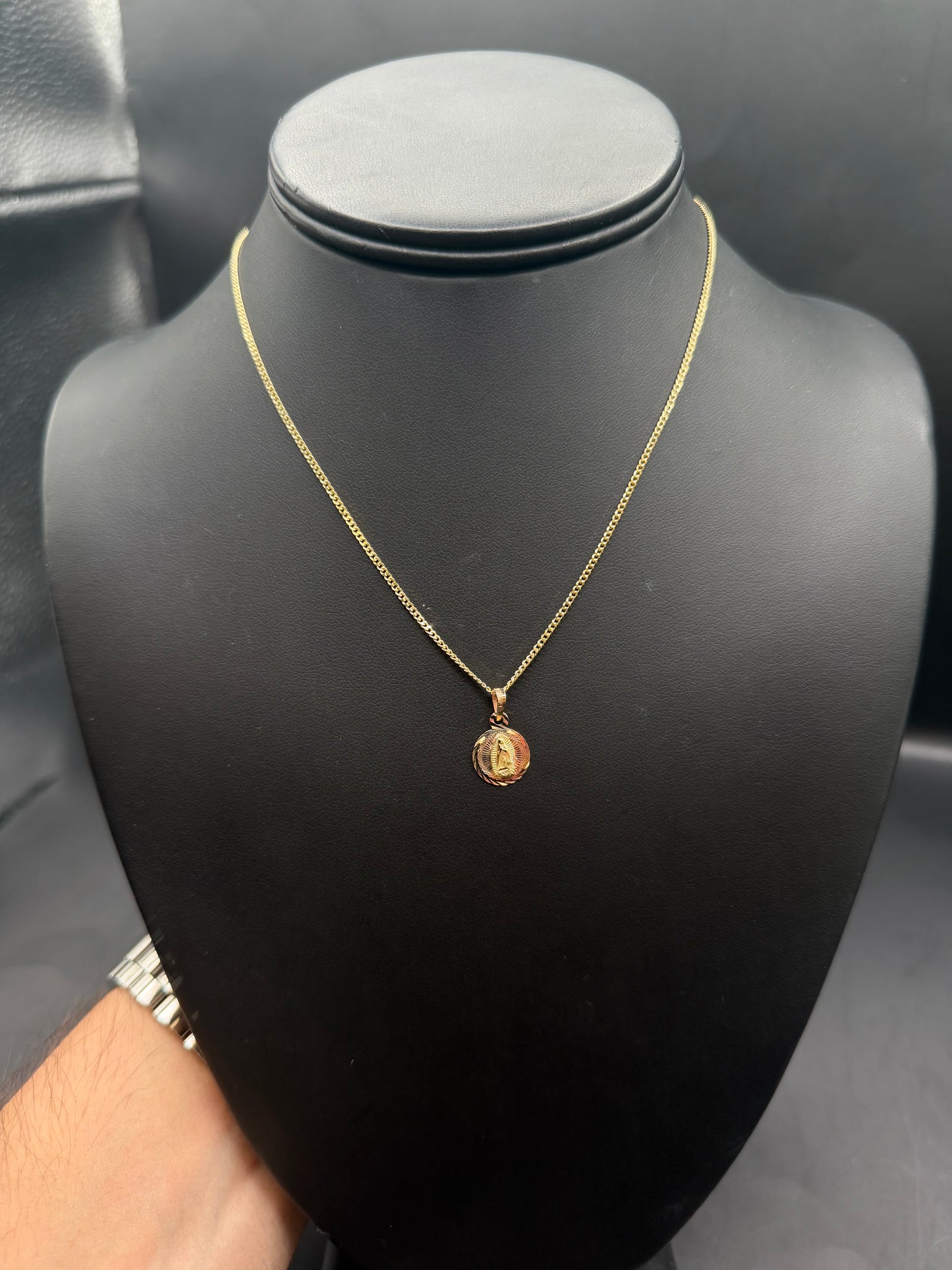 10k Virgin Mary Pendant with 16" Hollow Cuban Necklace Set