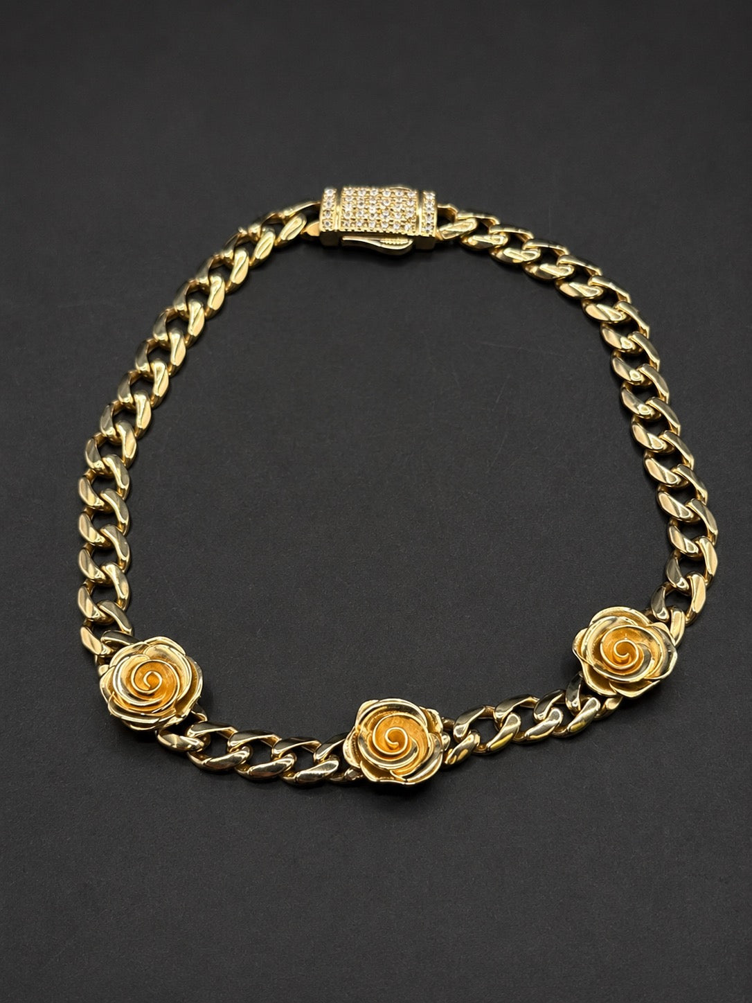 10k Gold Women's Hollow Cuban Bracelet with Roses
