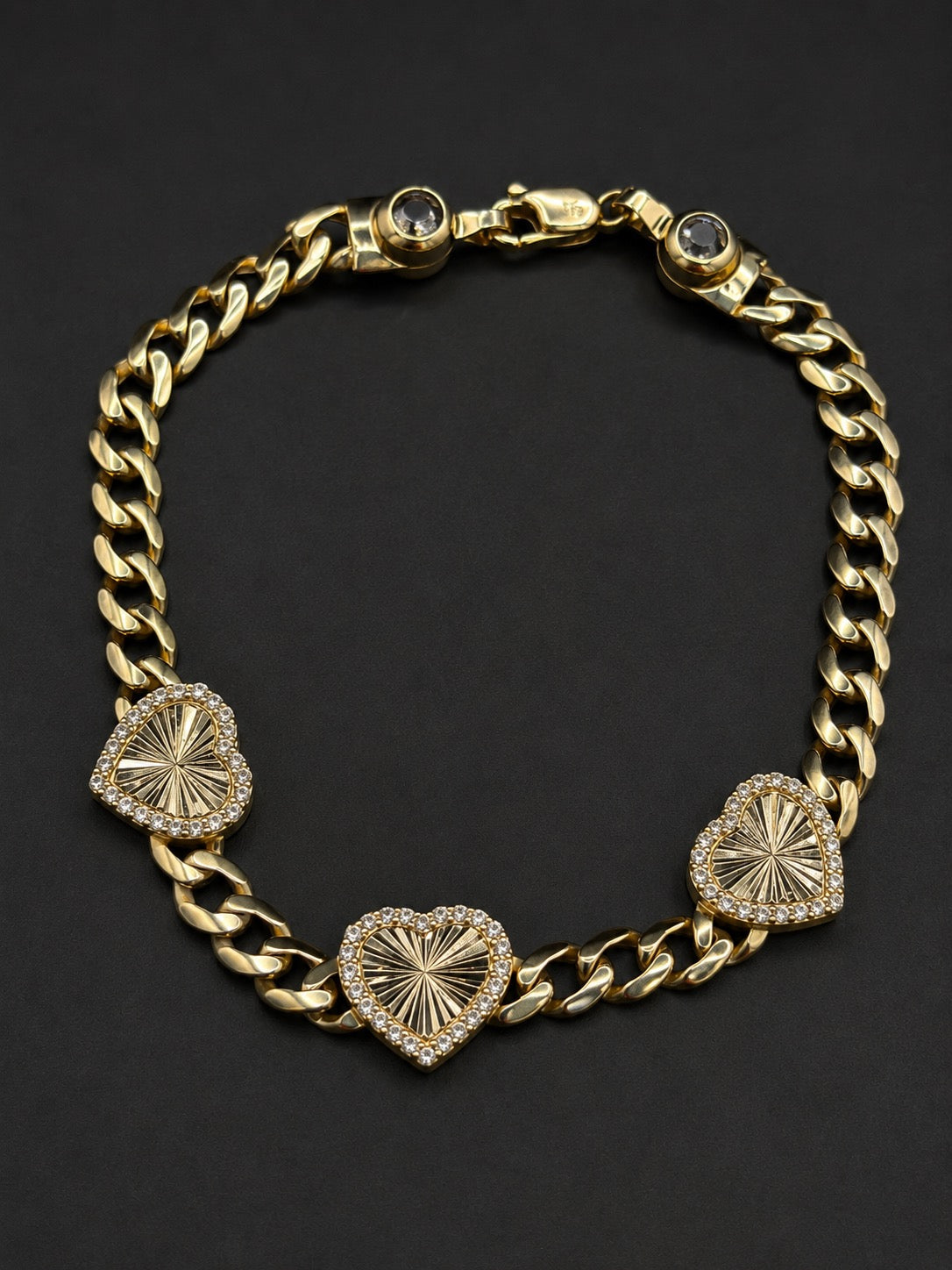 10k Gold Women's Hollow Cuban Bracelet with CZ Hearts