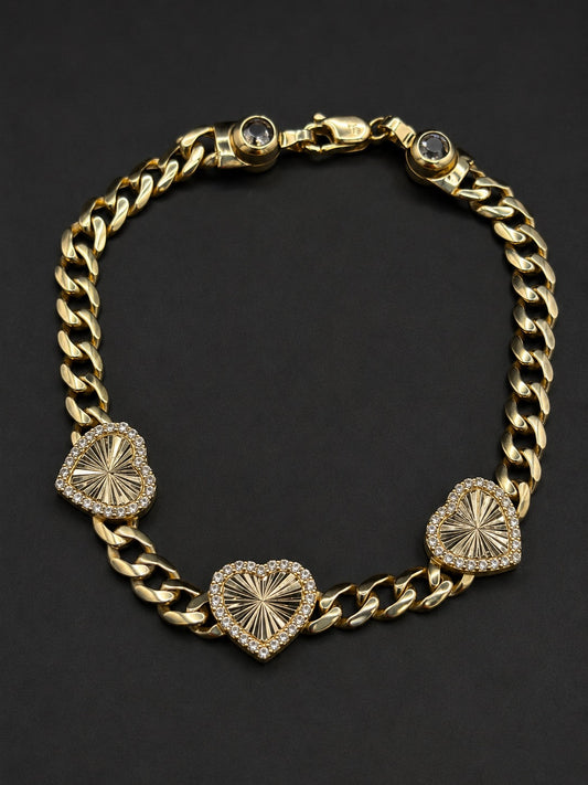10k Gold Women's Hollow Cuban Bracelet with CZ Hearts