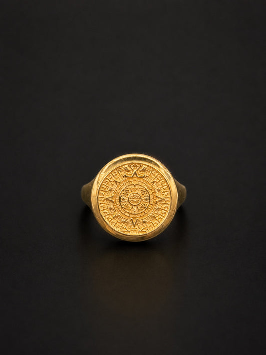14k Gold Aztec Calendar Ring (18mm)