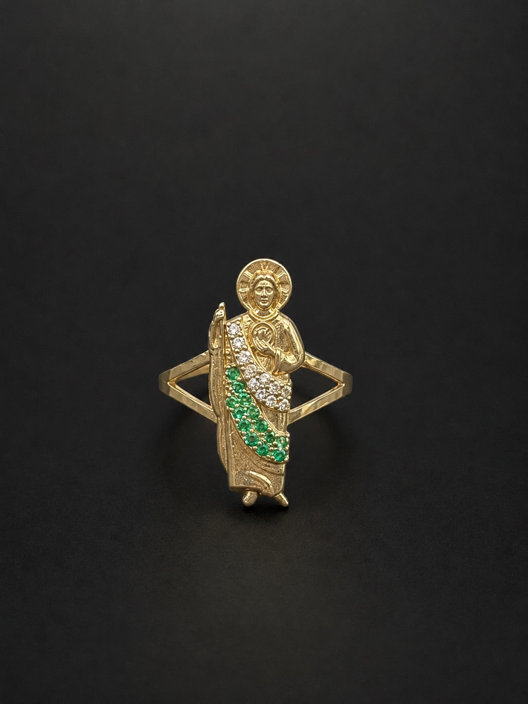 10k Gold San Judas Ring with White and Green CZ
