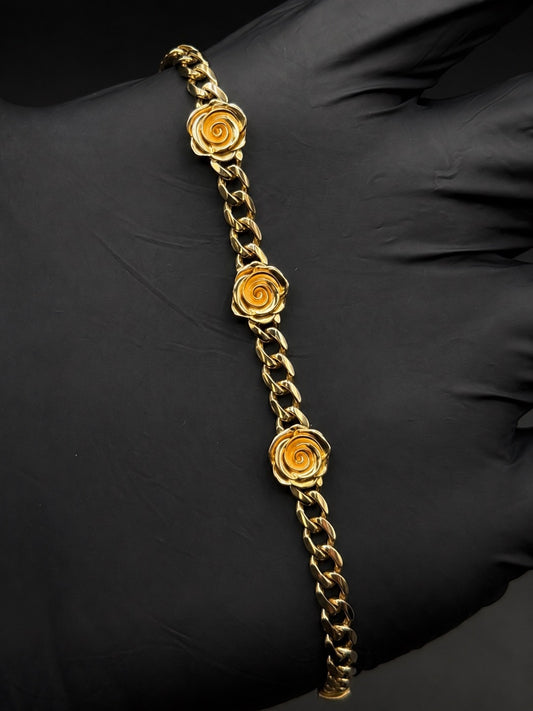 10k Gold Women's Hollow Cuban Bracelet with Roses